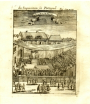Copper engraving intitled "Die Inquisition in Portugall", by Jean David Zunner from the work Description de L'Univers, Contenant les Differents Systemes de Monde, Les Cartes Generales & Particulieres de la Geographie Ancienne & Moderne by Alain Manesson Mallet, Frankfurt, 1685.