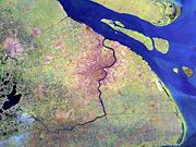 The urban area of Shanghai can be seen in this false-color satellite image.