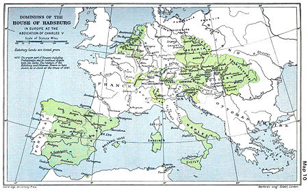 A map of the dominion of the Habsburgs following the Battle of M&uuml;hlberg (1547) as depicted in The Cambridge Modern History Atlas (1912); Habsburg lands are shaded green.