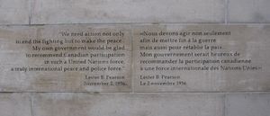 quote from Pearson on starting a UN peace force on the Peacekeeping Monument