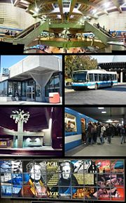 Top: Lionel-Groulx metro station. Second row: Honoré-Beaugrand metro station, a 1996 NovaBus LFS "167 Le Casino" leaving the Montreal Biosphère and heading to the Montreal Casino. Third row: Georges-Vanier metro station, Berri-UQAM metro station. Bottom: Montreal's first two mayors, Jacques Viger and Peter McGill, in stained glass in the McGill Station of the Montreal Metro.