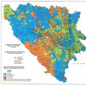 Ethnic map based on the 1991 census. The different colors show majority in every settlement: Serbs Muslims Croats no majority