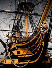 HMS&nbsp;Victory, Nelson's flagship at Trafalgar, is still a commissioned Royal Navy ship, although she is now permanently kept in dry-dock.