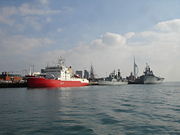 Four commissioned ships of the Royal Navy in Portsmouth dockyard; HMS&nbsp;Endurance, the Type 42 destroyer HMS&nbsp;Liverpool, the historic Ship of the line HMS&nbsp;Victory and the aircraft carrier HMS&nbsp;Ark Royal.