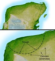 The Chicxulub Crater at the tip of the Yucat&aacute;n Peninsula; the impactor that formed this crater may have caused the dinosaur extinction.