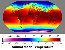 Annual average surface temperatures from 1961&ndash;1990.  This is an example of how climate varies with location.