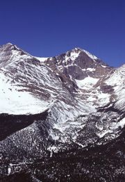 Snowpack accumulation at 14,255&nbsp;ft (4,345&nbsp;m). on Longs Peak in Rocky Mountain National Park (photo courtesy of USDA).