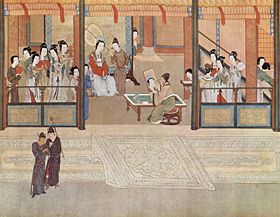 Spring morning in a Han palace, by Qiu Ying (1494–1552); excessive luxury and decadence were hallmarks of the late Ming period, spurred by the enormous state bullion of incoming silver and private transactions involving silver.