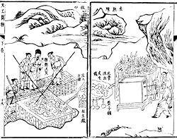 The puddling process of smelting iron ore to make pig iron from wrought iron, with the right illustration displaying men working a blast furnace, from the Tiangong Kaiwu encyclopedia, 1637.