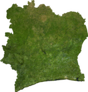 Satellite image of C&ocirc;te d'Ivoire, generated from raster graphics data supplied by The Map Library