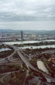 River Danube, Brigittenauer Br&uuml;cke (bridge) and Millennium Tower in Vienna (view from Donauturm)