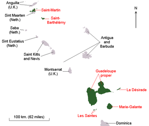 In green (with red legend) are the former constituent parts of the Guadeloupe region/department among the Leeward Islands . On February 22, 2007, Saint-Martin and Saint-Barth&eacute;lemy seceded from Guadeloupe to become autonomous French regions. Marie-Galante, La D&eacute;sirade, and Les Saintes are still part of the Guadeloupe region/department.