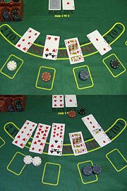 Example of a Blackjack game. The top half of the picture shows the beginning of the round, with bets placed and an initial two cards for each player. The bottom half shows the end of the round, with the associated losses or payoffs.