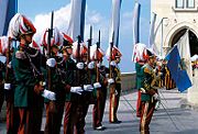 The Guard of the Rock in dress uniform during the investiture of the new Captains Regent in the Piazza della Libert&agrave;.