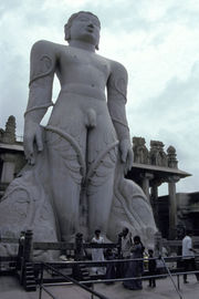 The 17.8 m monolith of Jain Tirthankara Bhagavan Gomateshwara Bahubali, which was carved between 978&ndash;993 AD and is located in Shravanabelagola, India, is anointed with saffron every 12 years by thousands of devotees as part of the Mahamastakabhisheka festival.