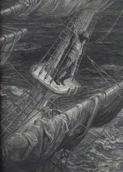 One of a set of engraved metal plate illustrations by Gustave Dor&eacute;: the Mariner up on the mast in a storm.