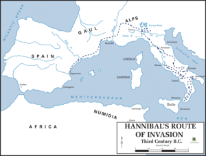 Hannibal&acute;s route of invasion given by the Department of History, United States Military Academy.