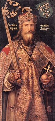 A portrait of Charlemagne by Albrecht D&uuml;rer that was painted several centuries after Charlemagne's death, the coat of arms above him show the German eagle and the French Fleur-de-lis.