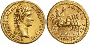 Roman aureus struck under Augustus, c. AD 13&ndash;14. The reverse shows Tiberius riding on a quadriga, celebrating the fifteenth renewal of his tribunician power. At least six potential heirs, including Agrippa and his sons, had expired or proven incapable of succeeding Augustus, before he finally settled on Tiberius in AD 9