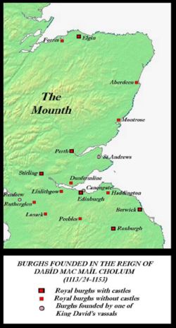 Burghs established in Scotland before the accession of M&aacute;el Coluim; these were essentially Scotland-proper's first towns.