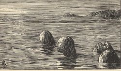 One gruesome form of execution occurred during the Christianization of Norway. King Olaf Tryggvason had male v&ouml;lvas (sejdmen) tied and left on a skerry at ebb. (1897 illustration by Halfdan Egedius)