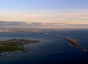 &Oslash;resund Bridge from Denmark to Sweden. On the right is the artificial Peberholm island, and on the left Saltholm. Picture is taken from the air.