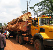 A bush taxi attempts to pass a stalled logging vehicle on the road between Abong-Mbang and Lomi&eacute;, East Province.
