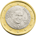 The reverse of the Vatican &euro;1 coin produced in 2006 depicting the current pope, Benedict XVI