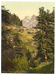 The Zmutt Valley and the Mischabelhörner (or Mischabel) mountains in the canton of Valais. The image is from a photochrom postcard (circa 1890).