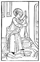 Woman churning butter; Compost et Kalendrier des Berg&egrave;res, Paris, 1499.
