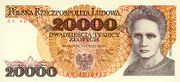 Polish 20,000-złoty banknote with likeness of Maria Skłodowska-Curie.