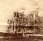 The Cathedral of Christ the Saviour in Moscow during its 1931 demolition. Organized religion was suppressed in the Soviet Union.