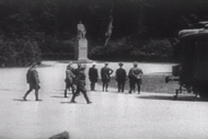 Hitler (hand on side) staring at Foch's statue before signing the armistice at Compi&egrave;gne, France (22 June 1940)