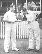 Bradman and England captain Gubby Allen toss at the start of the 1936&ndash;37 Ashes series. The five Tests drew more than 950,000&nbsp;spectators including a world record 350,534 to the third Test at Melbourne.