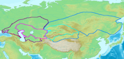 Map of the Western (purple) and Eastern (blue) G&ouml;kt&uuml;rk khaganates at their height, c. 600 CE. Lighter areas show direct rule; darker areas show spheres of influence.