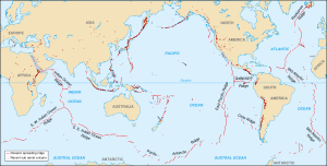 Map showing the divergent plate boundaries (OSR &ndash; Oceanic Spreading Ridges) and recent sub aerial volcanoes.