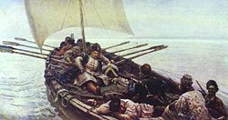 The 17th Century cossak rebel and pirate Stenka Razin, on a raid in the Caspian (Vasily Surikov, 1906).