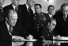 Ford meets with Soviet Union leader Leonid Brezhnev in Vladivostok, November 1974, to sign a joint communiqu&eacute; on the SALT treaty