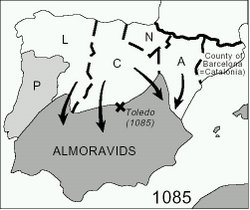 Map of the Iberian Peninsula at the time of the Almoravid arrival in the 11th century- Christian Kingdoms included Arag&oacute;n, Castile, Leon, Navarre, and Portugal