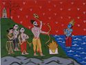 Parasurama, surrounded by settlers, commanding Varuna to part the seas and reveal Kerala.