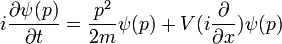 i{\partial \psi(p) \over \partial t} = {p^2\over 2m} \psi(p) + V(i{\partial\over \partial x}) \psi(p)