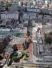 Looking across the Broadmead Shopping Centre from a balloon at 500 feet (150 m)