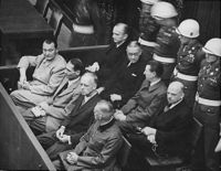 The accused at the Nuremberg Trials. The main target of the prosecution was Hermann G&ouml;ring (at the left edge on the first row of benches), considered to be the most important surviving official in the Third Reich after Hitler's death.