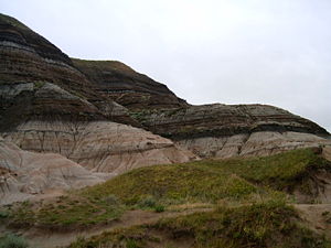 Badlands near Drumheller, Alberta where erosion has exposed the K&ndash;T boundary.