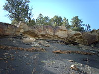 The K&ndash;T boundary exposure in Trinidad Lake State Park, in the Raton Basin of Colorado, shows an abrupt change from dark- to light-colored rock.