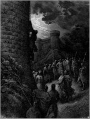 Bohemond of Taranto alone mounts the rampart of Antioch, in an engraving by Gustave Dor&eacute;.
