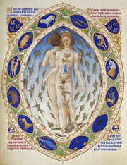 15th century image from the Tr&egrave;s Riches Heures du Duc de Berry showing believed relations between areas of the body and the zodiacal signs.