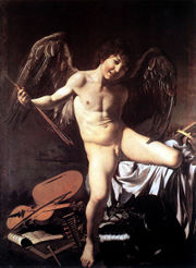 Amor vincit omnia (Love Conquers All), a depiction of the god of love, Eros. By Michelangelo Merisi da Caravaggio, circa 1601&ndash;1602.
