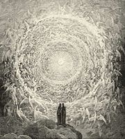 Dante and Beatrice see God as a point of light surrounded by angels; from Gustave Dor&eacute;'s illustrations to the Divine Comedy, Paradiso, Canto 28.