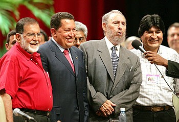 Schafik Handal, Hugo Ch&aacute;vez, Fidel Castro and Evo Morales, in Havana in 2004.
